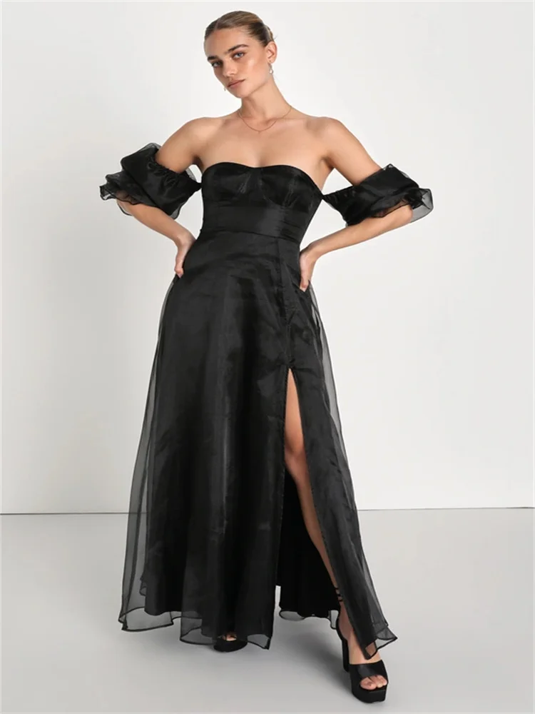 New Arrival Off Shoulder Neckline A-Line Tulle Evening Dress Elegant Open Back Zipper Floor Length High Slit Gown For Women 2024