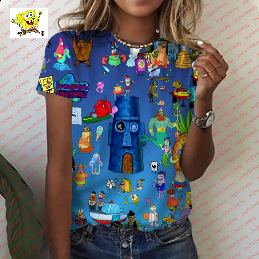 Kaus lengan pendek wanita, T-shirt kartun SpongeBob Musim Panas 2024 baru modis lucu kasual nyaman