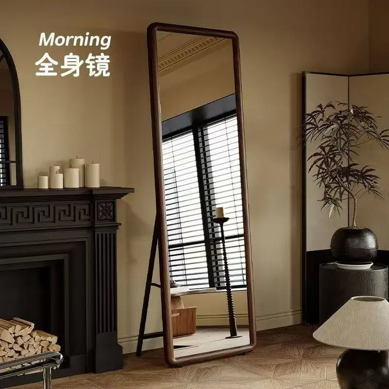 Medieval solid wood full-body mirror floor mirror household living room full-length mirror light luxury high-end wall-mounted