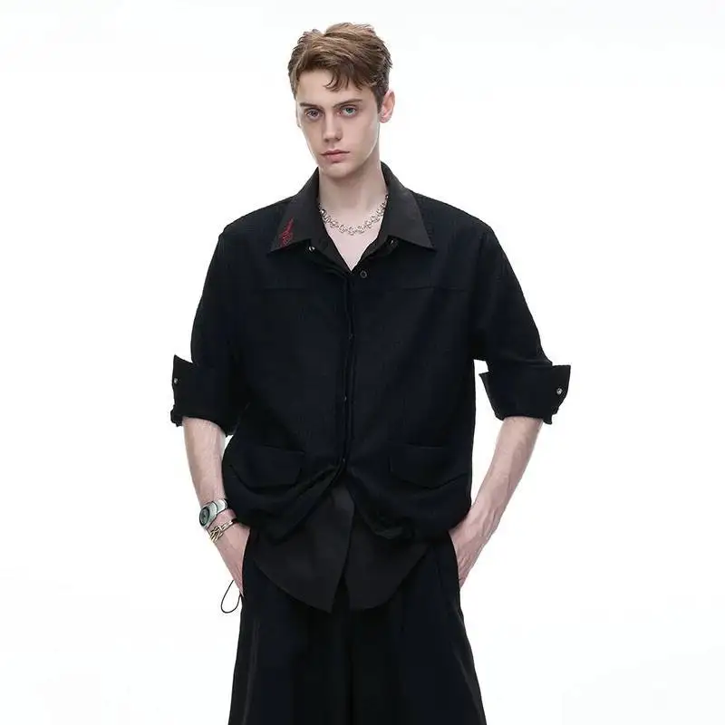 LUZHEN Double 2026 Fake New Layer Long Two Sleeve Piece Design Embroidery Neck Long Sleeve Shirt Men's Trendy Casual Tops JY8845