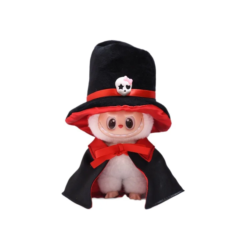 Für Labubu Kleidung 17 cm Halloween Schädel Cape Hut Puppe Kleidung Mode Trend Dressing Zubehör Halloween Kürbis Set Kleidung