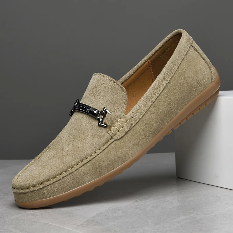 Genuine Leather Cow Suede Loafers Men Beige Slip on Casual Shoes Driving Moccasins Men's Flats Handmade Loafer Dropshipping