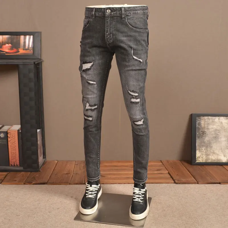 Fashion Streetwear Men Jeans Retro Black Gray Elastic Slim Fit Ripped Jeans Men Vintage Designer Denim Pencil Pants Hombre