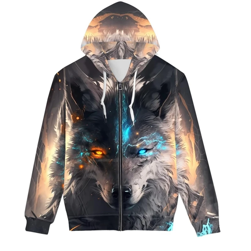 

Модные толстовки на молнии с принтом лисы и волка для мужчин и женщин, топы с капюшоном и карманами на шнурке, уличные повседневные толстовки с капюшоном с рисунком животных, топы