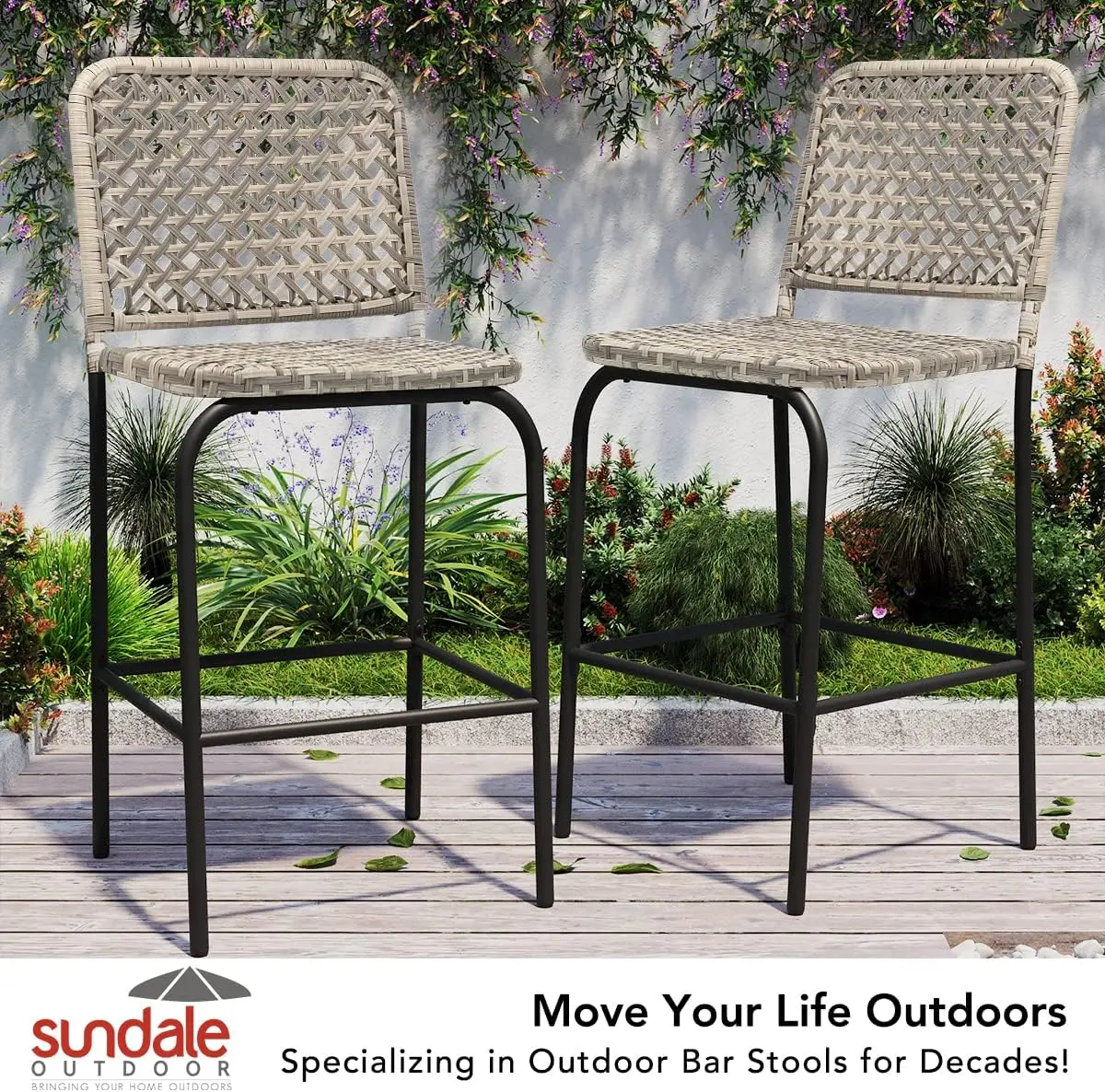 Sundale Outdoor Patio Bar Stools Set Of 2, Hand Woven Pe Rattan Hollow Back Armless Barstools For Deck Yard Porch, All-Weather