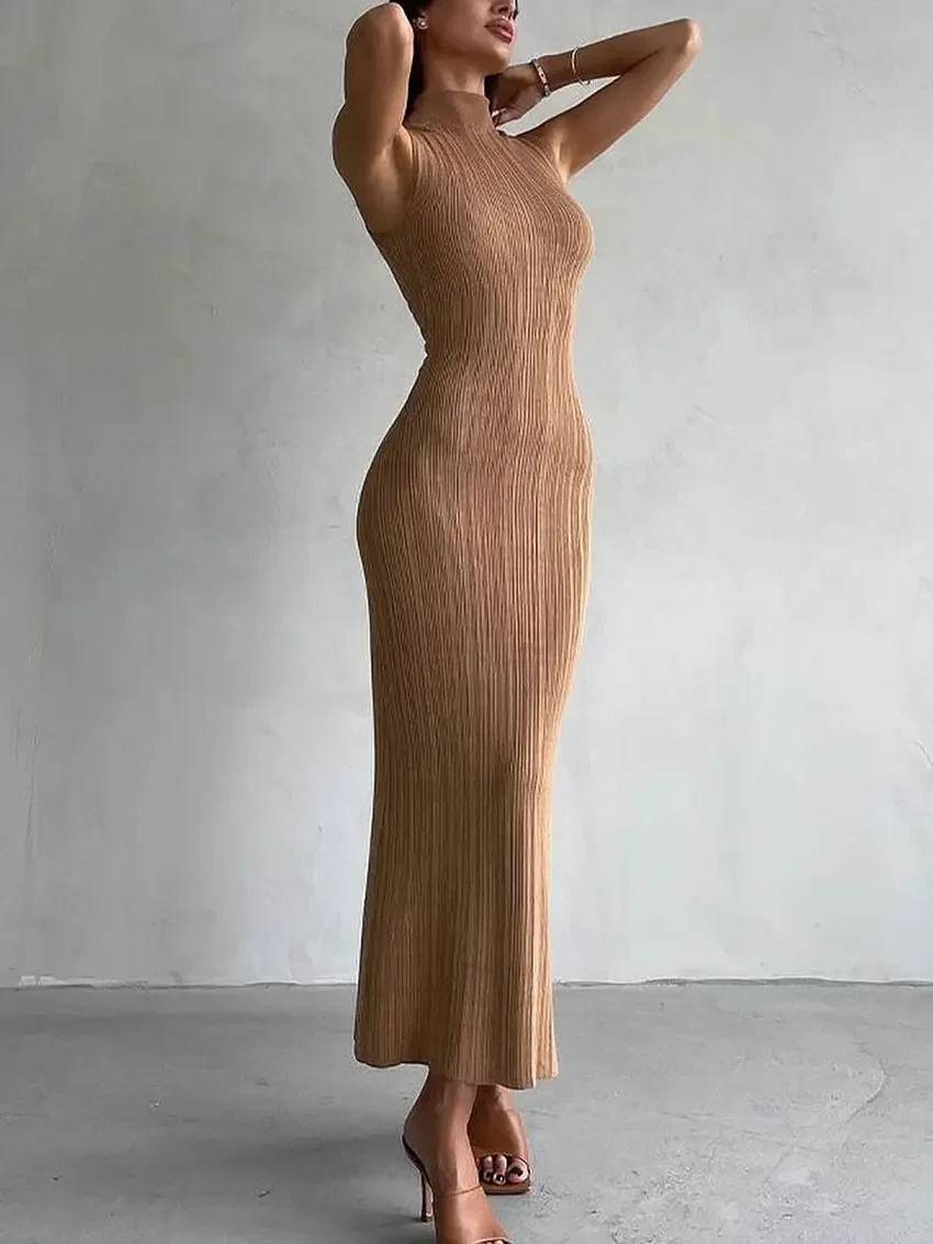 Robe tricotée à col haut pour femmes, sans manches, débardeur, jupe élégante à col roulé, soirée, Club, vente en gros, 2025