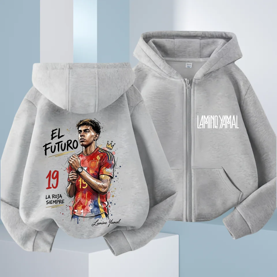 Kids Lamine Yamal Zip Up Hoodie, Boys Football Star Portrait Graphic Front Back Print Hooded Jacket, Casual Sports Sweatshirt