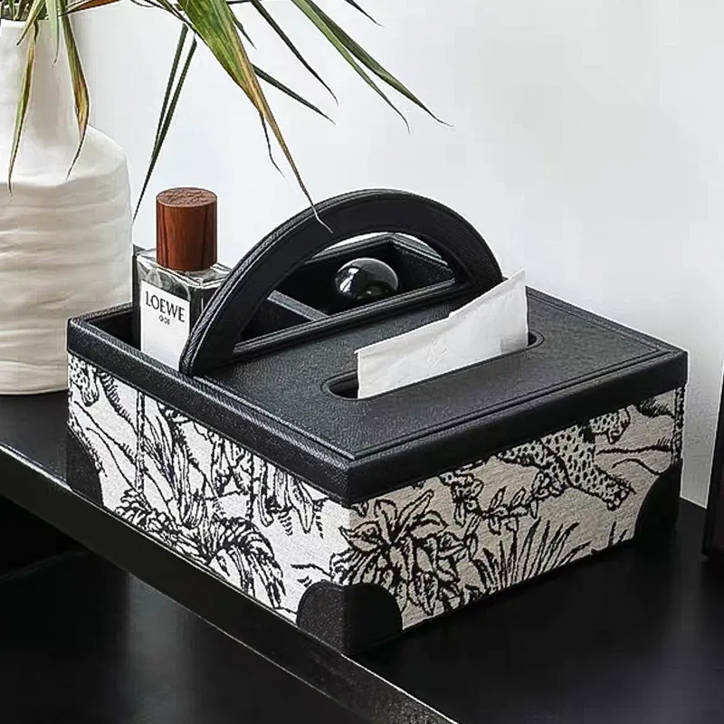 DSA retro leather multi-functional tissue box, living room fabric paper draw box, coffee table remote control storage box