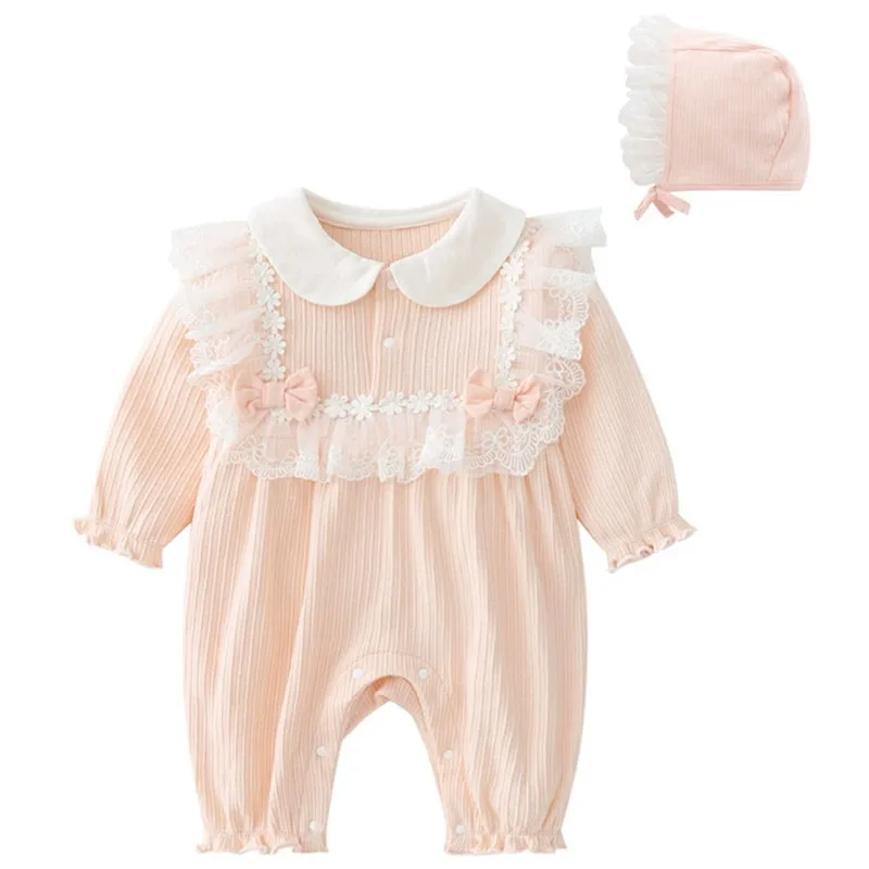 2Piece Sets Spring Autumn Newborn Girls Clothes Korean Cute Lace Bow Princess Peter Pan Collar Jumpsuits+Hat Baby Stuff B174