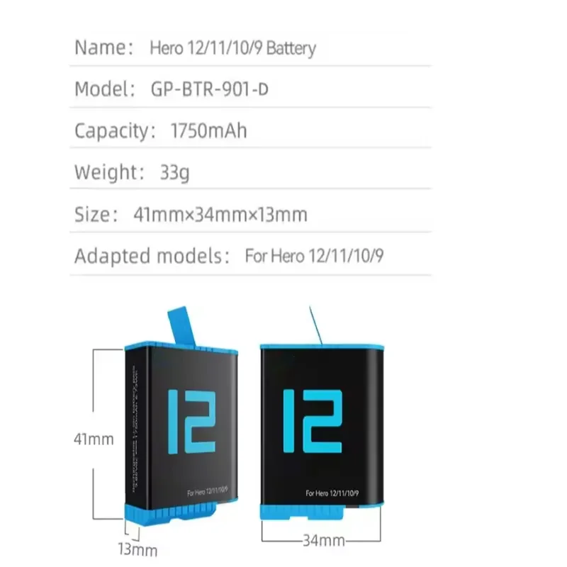 MEBATE New For GoPro 5 6 7 8 9 10 Battery 1750mAh Replacement Bateria for GoPro Hero 9 10 11 12 Black Action Camera Accessories