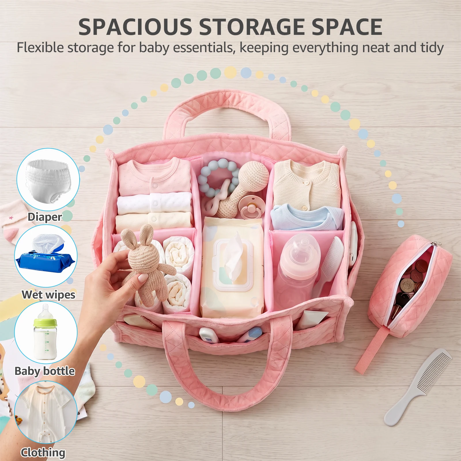 Children's Felt Diaper Storage Bag Baby Diaper Caddy Organizer with Multiple Exterior Pocket & Zipper Bag Nursery Storage Basket