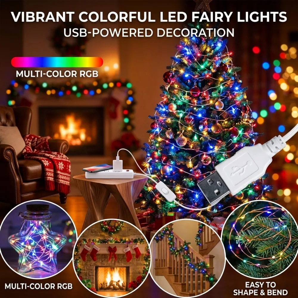 USB Copper Wire Lights Warm White for Christmas Weddings Parties Homes Windows Balconies Yards Gardens Patios Festive Decoration