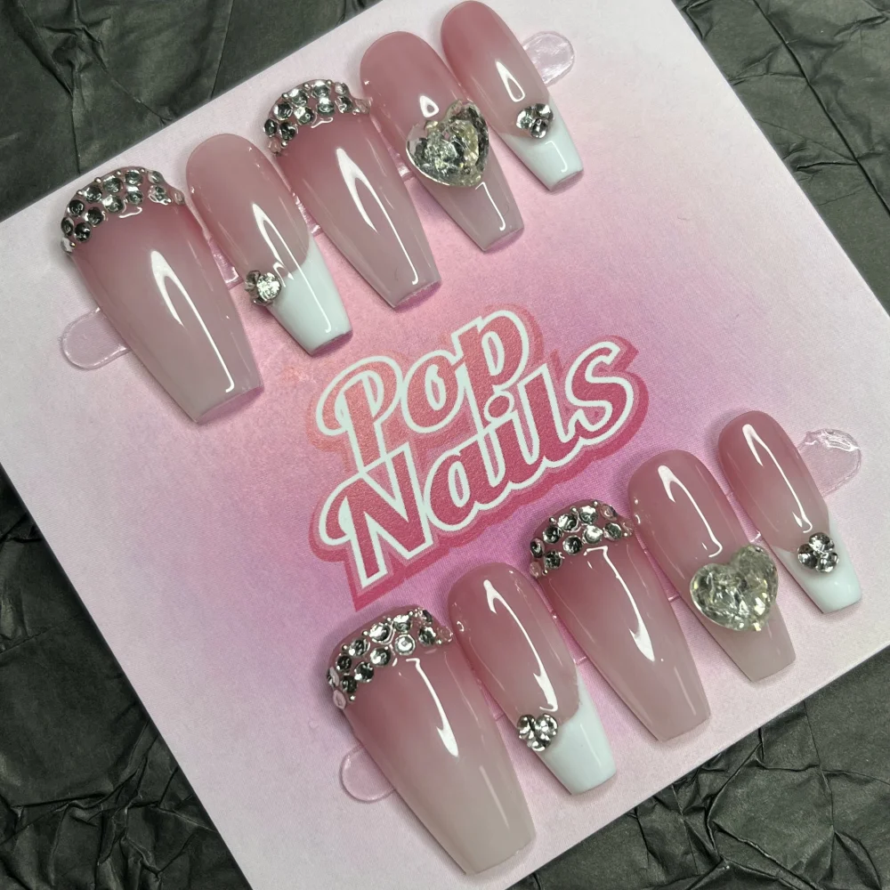 

10pcs Handmade Press on Nails Acrylic Blush Pink Fake Nail Pearl Love Heart Press Ons Designs Coffin French Tips Nail Fake Nails