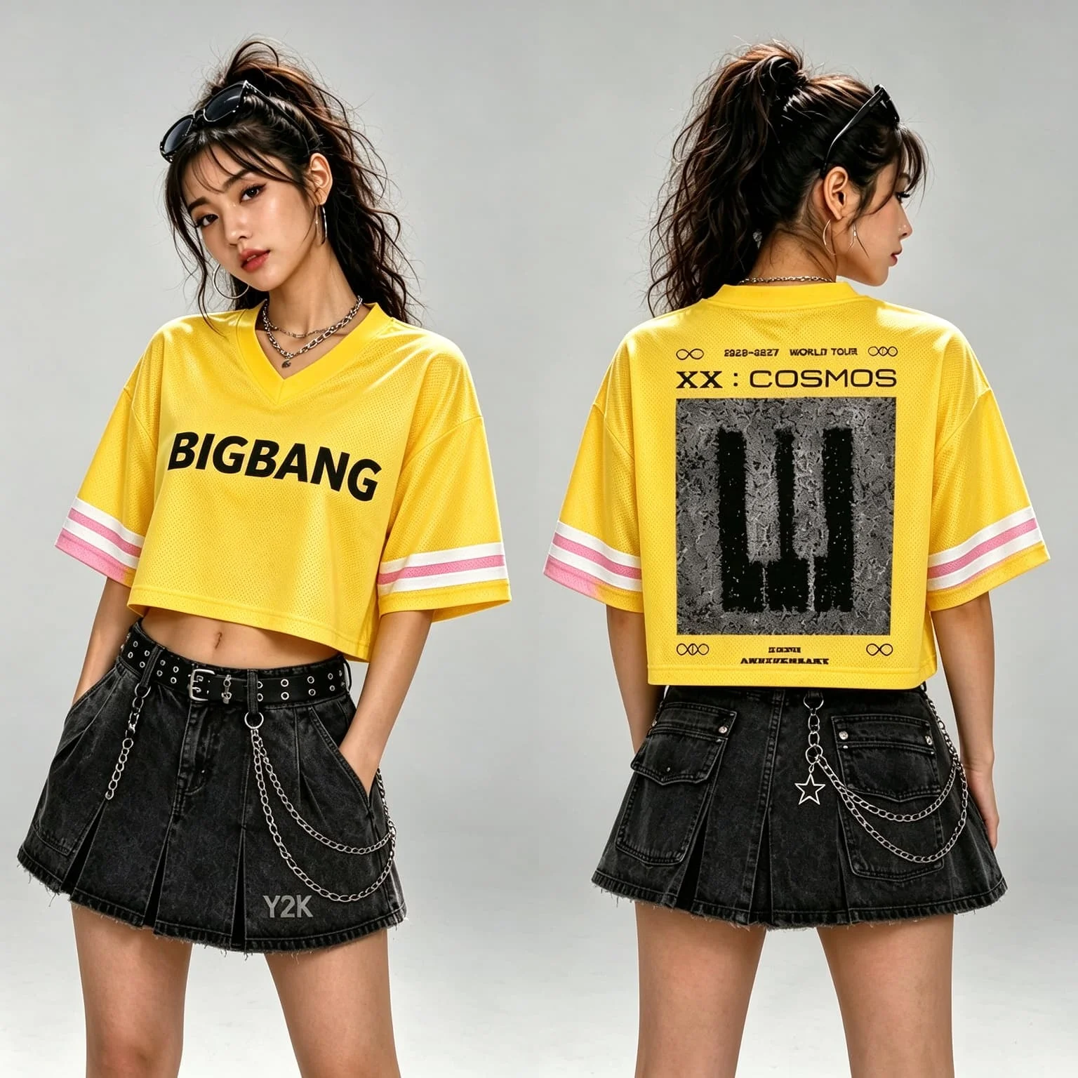 2026 BIGBANG 20th Anniversary Concert Mesh Cropped T-shirt Women V-Neck Short Sleeve Print Kpop Fans Y2K Tops Tee