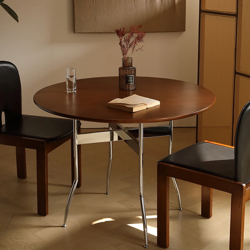 Medieval style solid wood dining table household small round retro foldable round dining  balcony table chairs