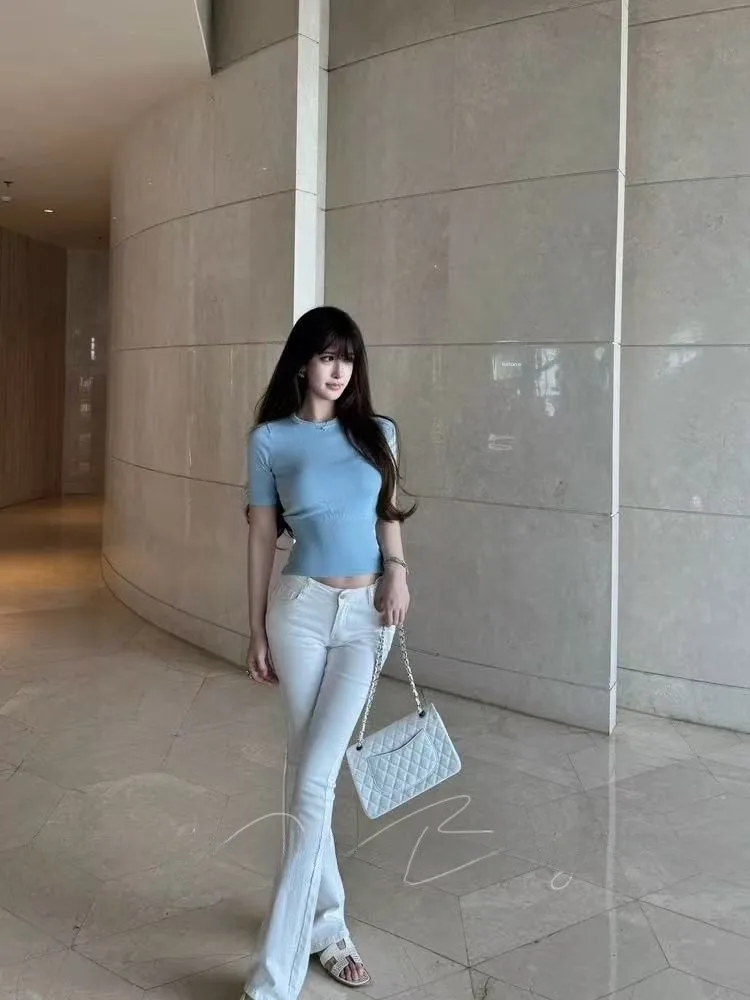 

Low-Waist Women's Denim Pants Elastic Slim Fit Korean Sle Cotton Stretch Bootcut Long Trousers Basic Class Pure Color