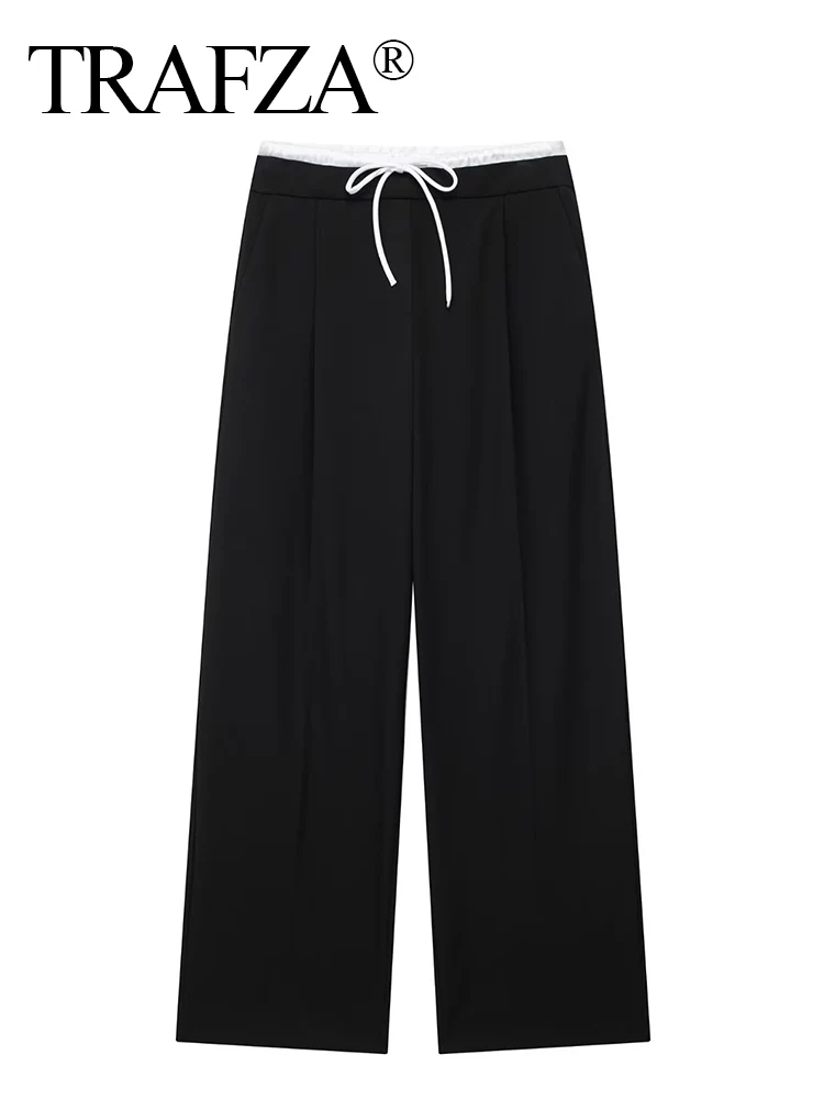 TRAFZA Women Vintage Solid Double Waistband Wide Leg Pants 2024 Zipper Drawstring Casual Trousers Female Streetwear Tied Trouser