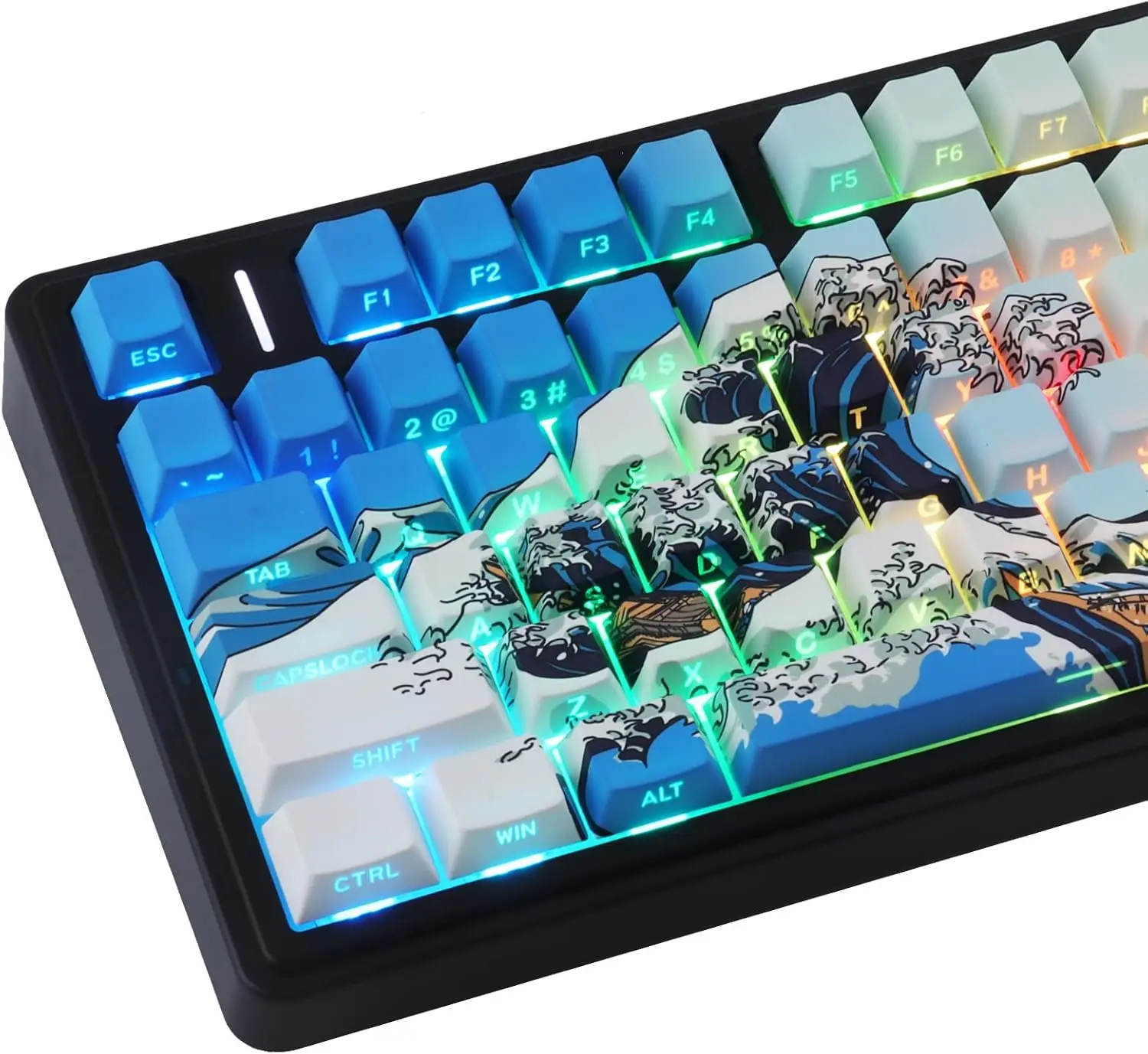 

PBT Keycaps 75 Percent Side Print 131 Keys Custom Dye Sub Cool Shine Through Keycap Set Wave of Kanagawa Light/Sky Blue Keycaps