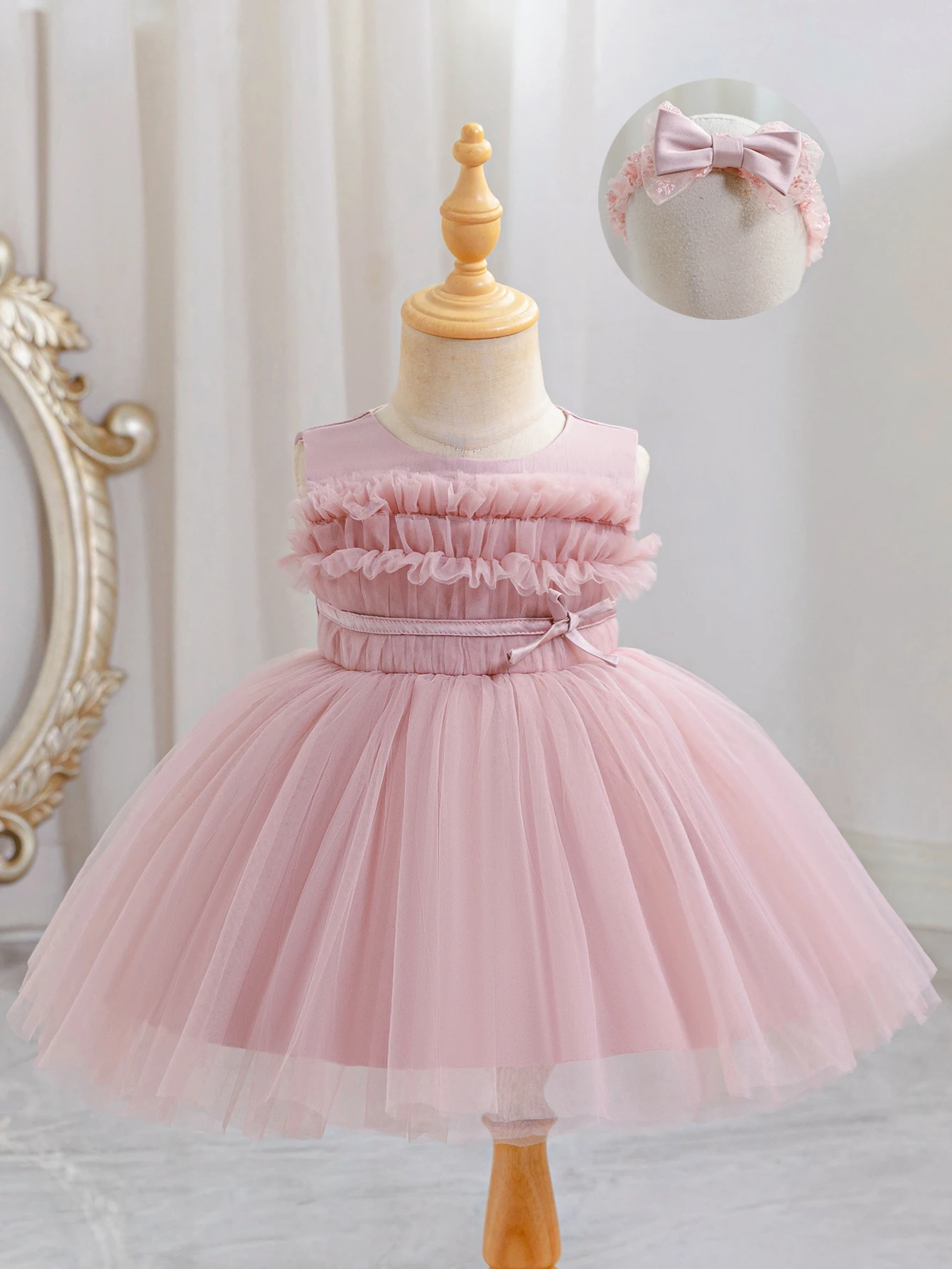 0-2 Year Old Baby Girls Pink Baby Dress Wedding Flower Girl Puff Dress (Comes With Strap)