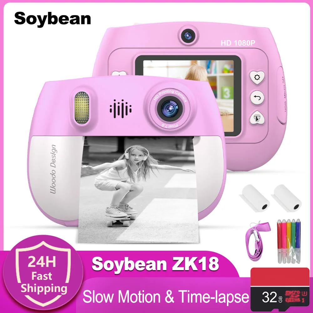 Soybean ZK18 Kids Camera Instant 1080P HD Dual Lens Selfie Digital Camera for Girls Boys Christmas Birthday Gifts Toys With 32G