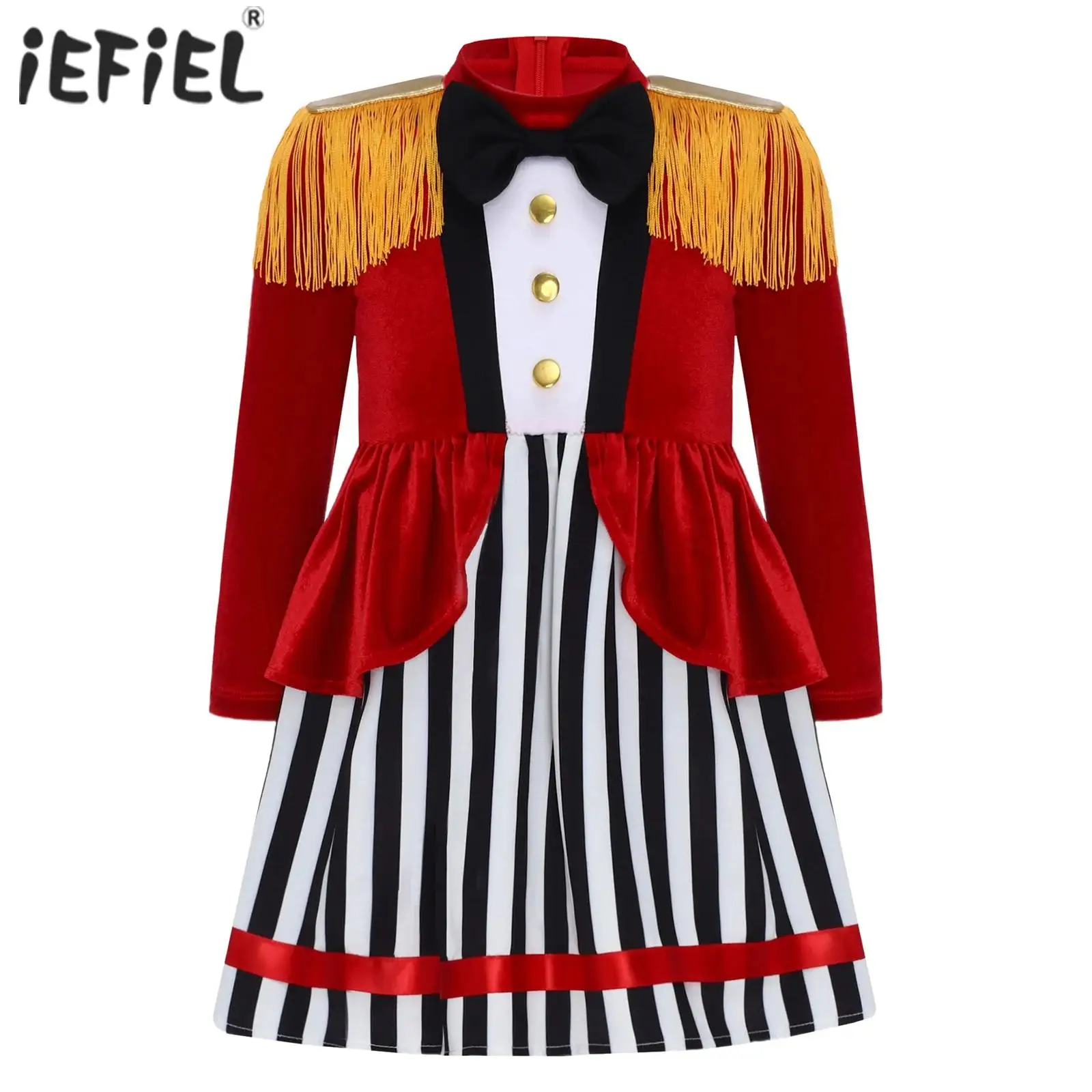 

Infant Toddler Ringmaster Costume Halloween Cosplay Dress Bow Tie Long Sleeve Shoulder Tassels Epaulets Stripe Ruffled Dress Up
