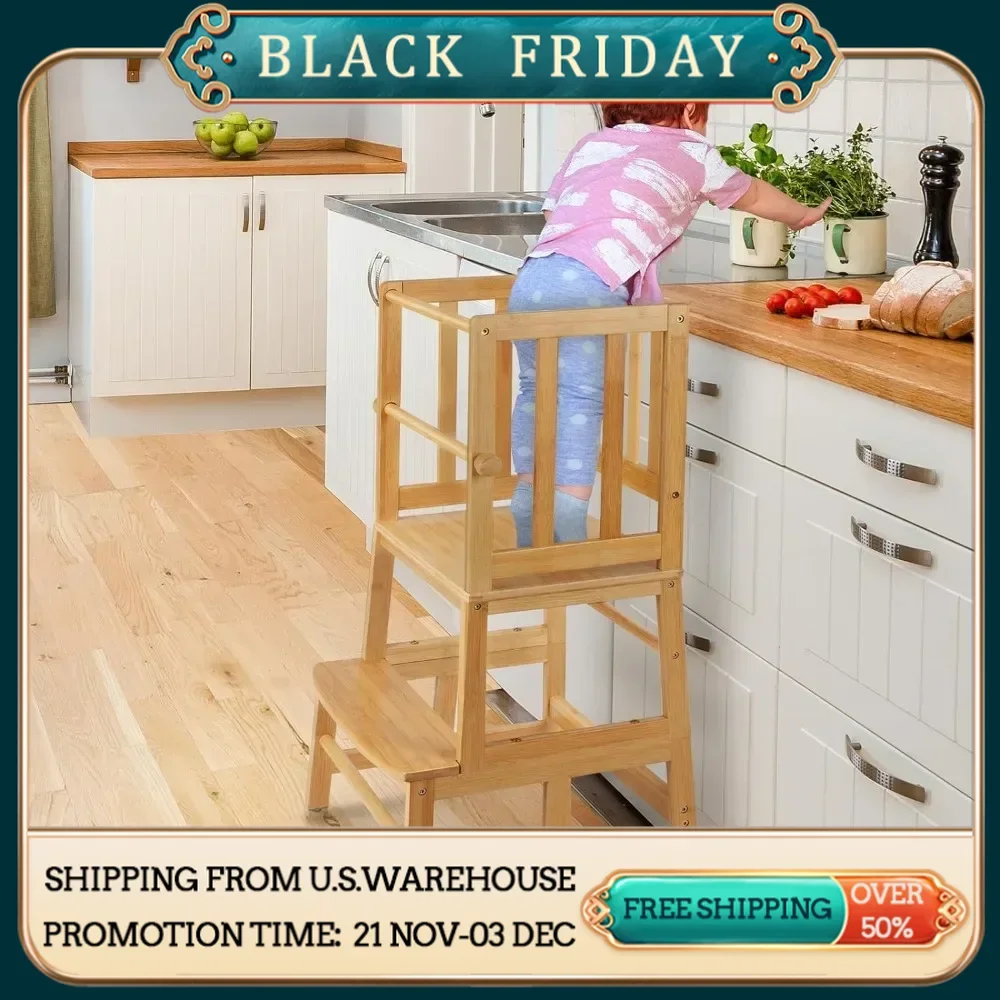 Kids Kitchen Step Stool，Toddler Standing Tower with CPC Certification, Removable Anti-Drop Railing Safety Rail Enjoys