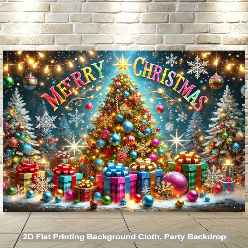 tapestry2D Flat, 1pc Festive Christmas Tree Backdrop with Shiny Gift Boxes - Vibrant Polyester Fabric Wall Hanging for Living