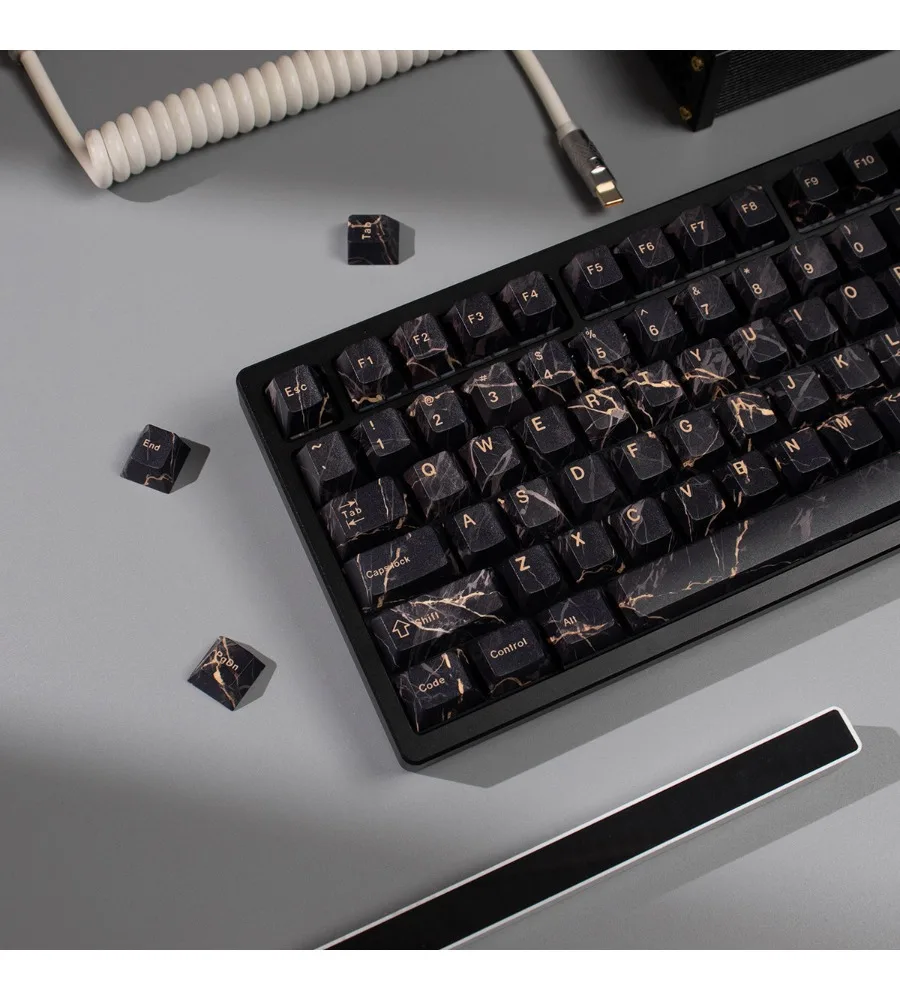 Keycap full set of PBT five-sided sublimation original factory height adaptation 61/87 black marble mechanical keyboard