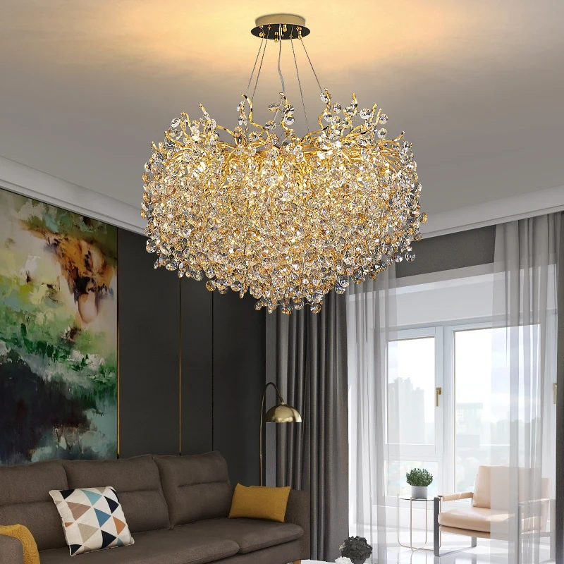 Luxury Modern Round K9 Crystal Pendant Chandelier Above Dining Table Living Room Tree Branch Crystal Ceiling Chandelier Bedroom