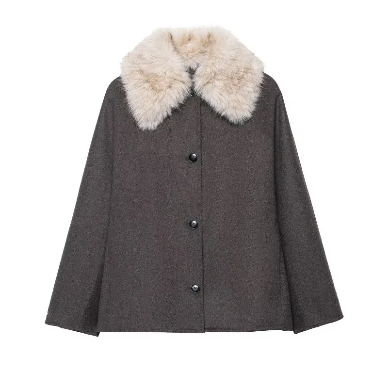 Giacca in lana con risvolto in pelliccia autunno inverno per donna Marrone elegante nuova moda elegante donna cappotto con colletto effetto pelliccia sintetica