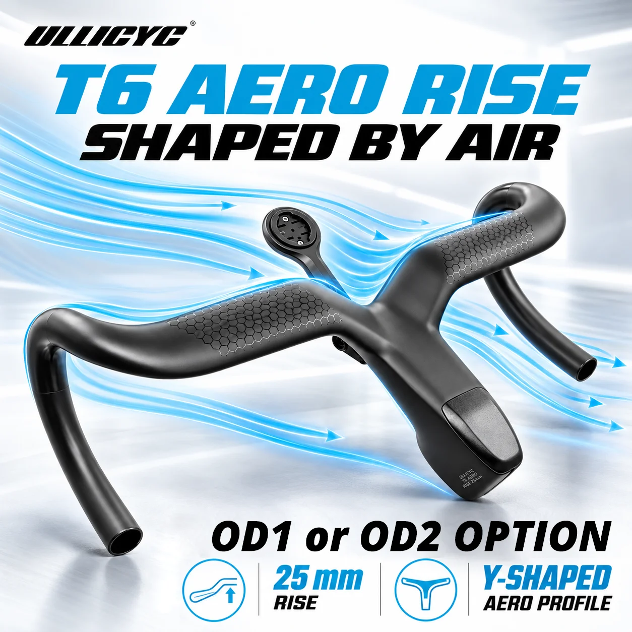ULLICYC T6 OD2 Carbon One-Piece Drop Bar 25mm Rise 20mm Outsweep 7° Flare Aero Road Gravel Cockpit with Computer Mount