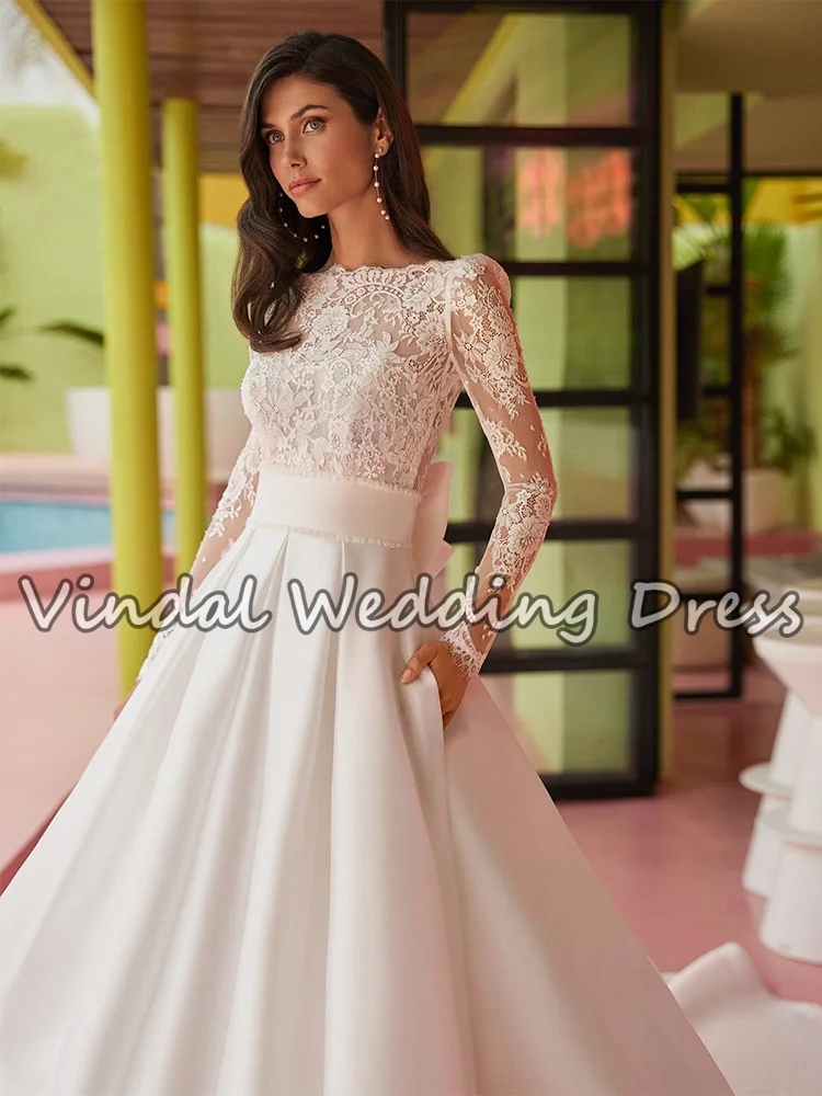 진달 모던 레이스 새틴 웨딩드레스, 진주 벨트, 긴 소매, 오픈 백, 우아한 플로어 기장, A라인 브라이덜 가운, 맞춤 제작 가능