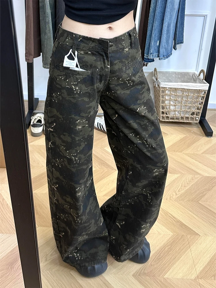 

Осень-зима 2022, женские джинсы Kpop Grunge Gyaru в стиле панк, джинсовые расклешенные брюки с низкой посадкой, камуфляжные бархатные джинсы Y2k, Harajuku, новинка