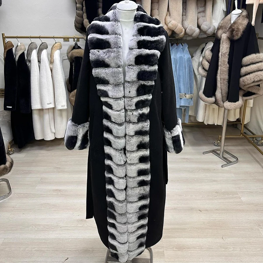 New Cashmere Coat Women Wool Blends Long Wool Coat Women Luxury High Quality New Cashmere Coat Women Wool Real Rabbit Collar