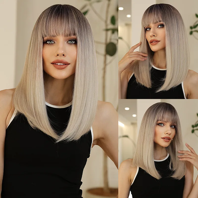 

Женский парик с короткими серыми прямыми волосами средней длины, из термостойкого шелка, длина до ключиц.