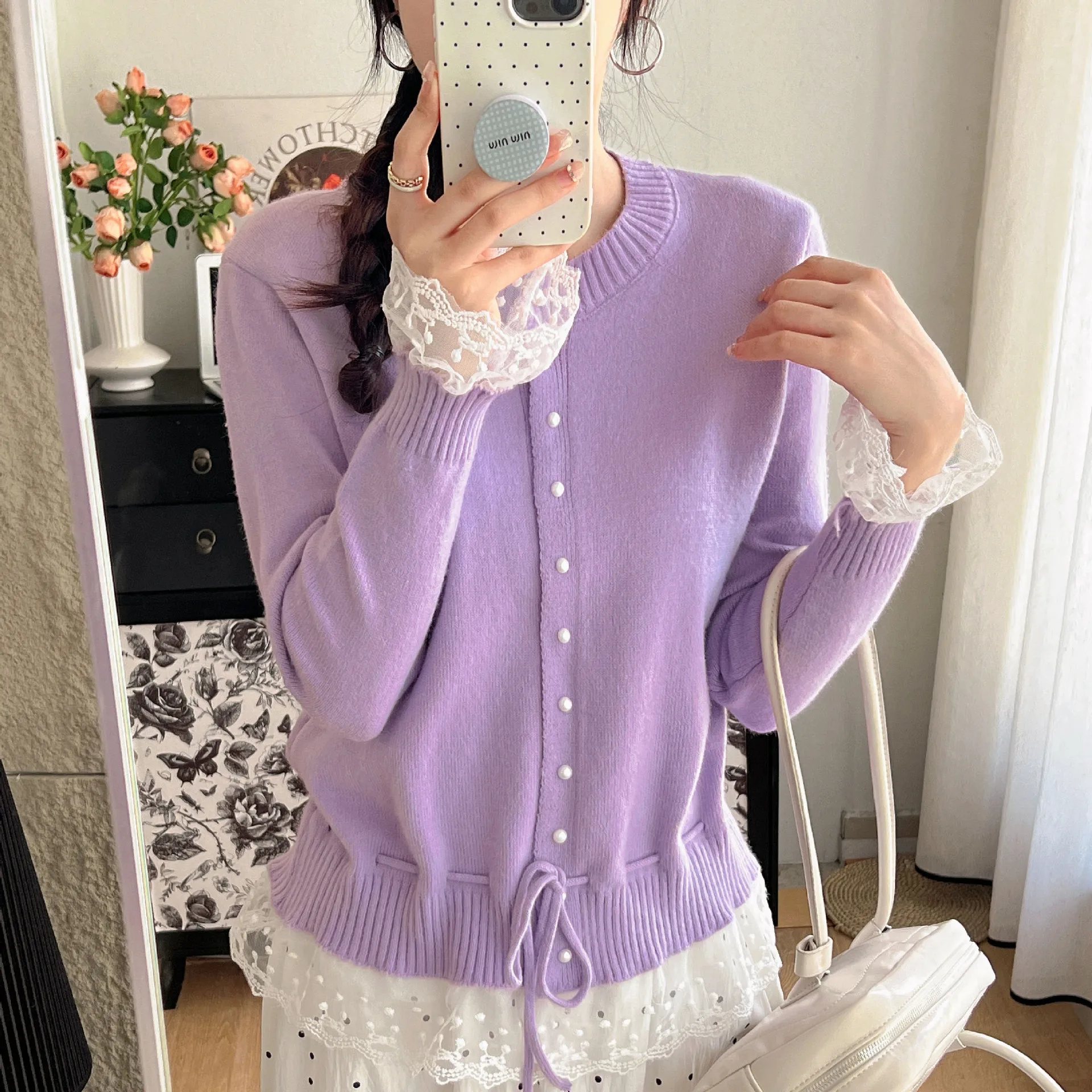 

Lace Patchwork Sweater for Women's Autumn and Winter New Collection Waist Cinched Knit Cardigan Top