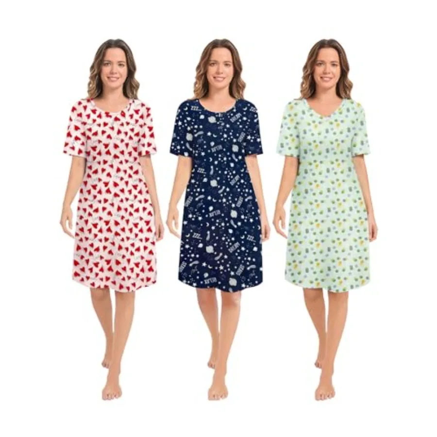 

3 Pack Nightgowns for Women Short Sleeve Night Gown Soft Sleep Shirts Women's Sleepwear Print Sleep Dress