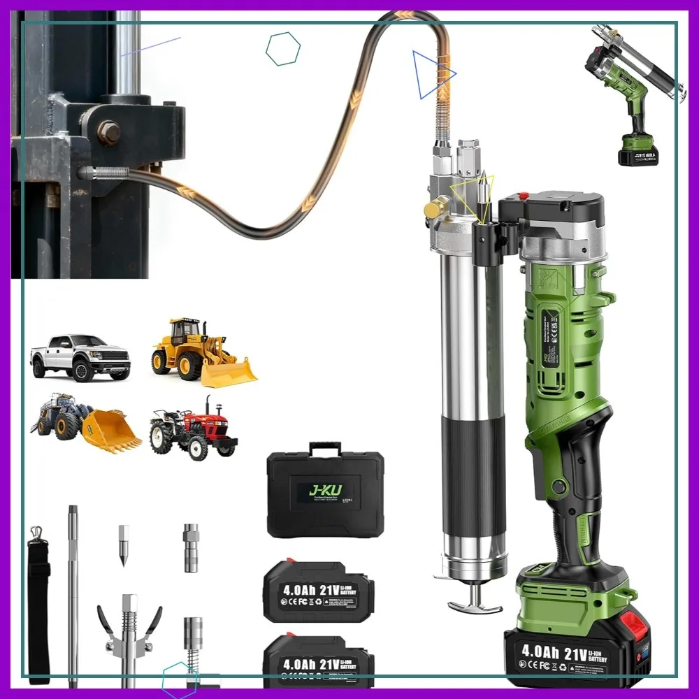 

Cordless Grease Gun Kit with 2×4.0Ah Batteries, 12000 PSI 5.3 oz/min, 39.4" Hose & 90° Coupler, for Car & Heavy Equipment
