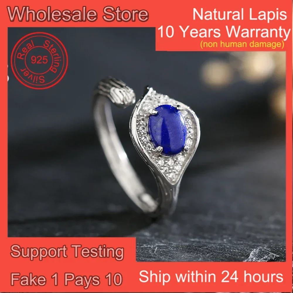

Natural Lapis Lazuli Ring S925 Silver Adjustable Ring for Women Blue Gemstone Handmade Open Band Jewelry Gift