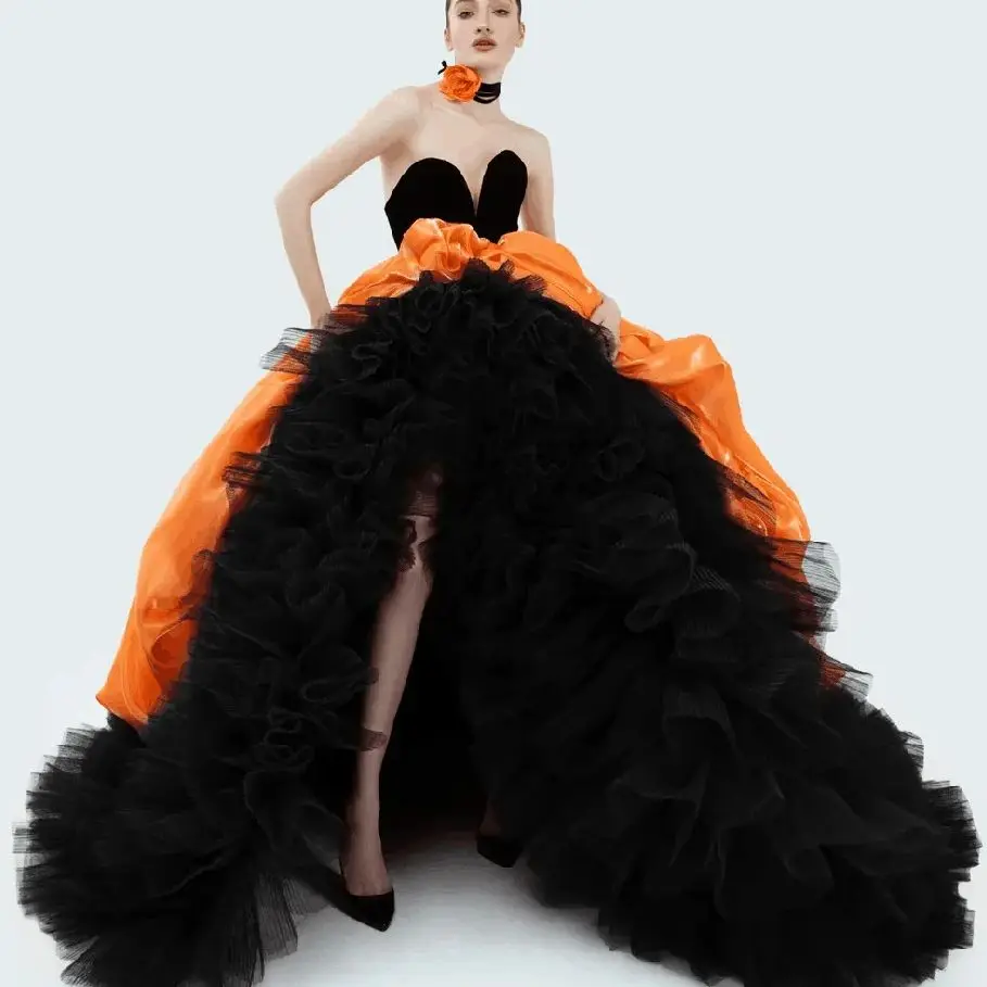 Black Strapless Fluffy Evening Dress New Fashion Female Formal Banquet Party Prom Gowns robes de soirée