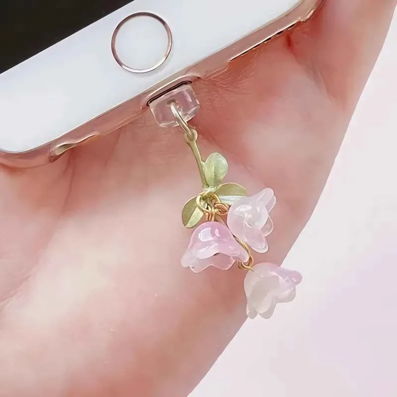 1PC For Phone/Type-C Interface Cute Pink Lily Of The Valley Phone Charm Flower Green Leaf Dust Plug DIY Accessories