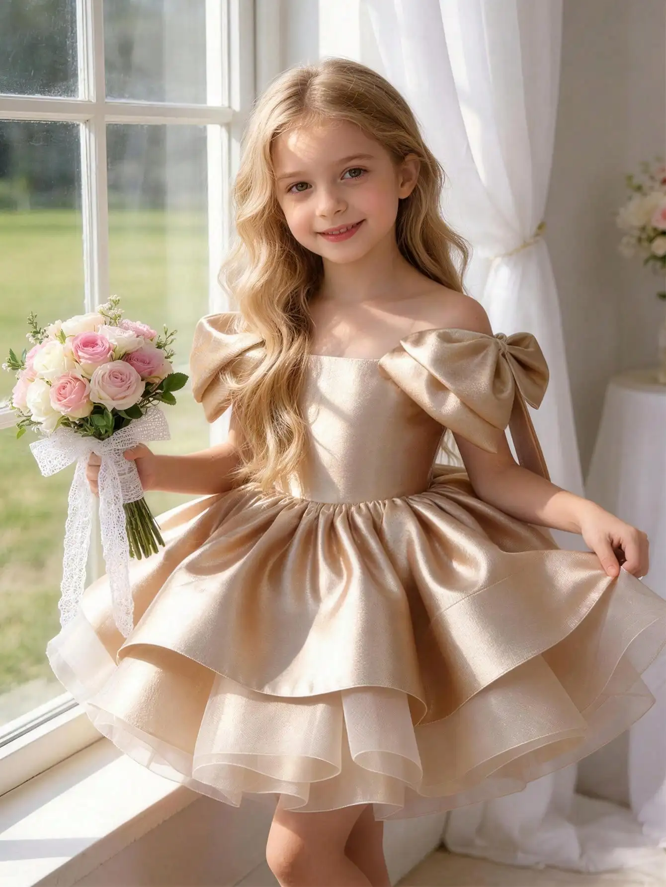 Girls' One-Shoulder Bow Princess Dress Birthday Party Important Holiday Dress Flower Girl Wedding Dress Children's Piano Host Performance Outfit