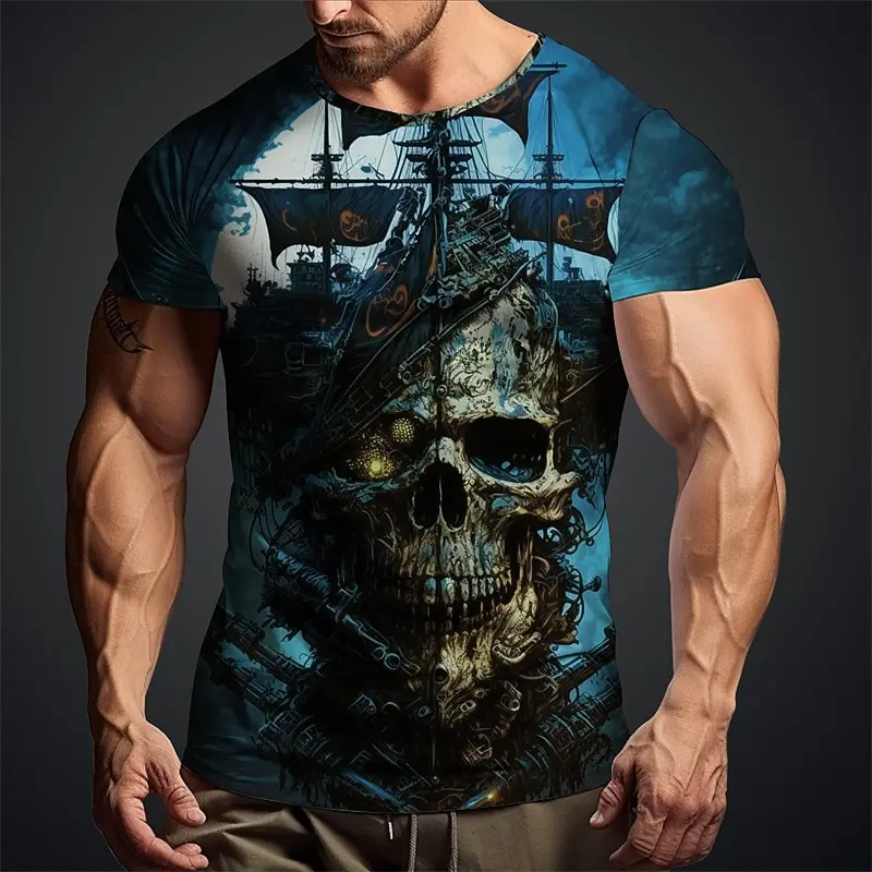 Men's Graphic Haunted Pirate Ship Skull T-shirt Short Sleeve T shirt 3D Crew Neck Tee Fashion Cool Daily Y2k Top Summer Clothing