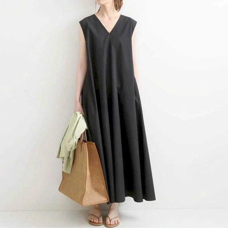 Solid Women Dresses Vintage V-neck Sleeveless Oversized A-line Loose Korean Fashion Large Size Mid-Calf Dress for Women Clothing