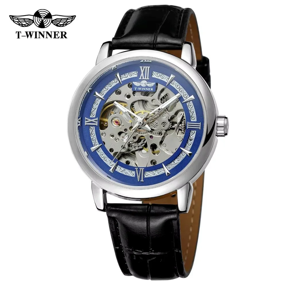 T-WINNER fashion casual men's watch creative hollow design blue dial black leather strap automatic mechanical watch