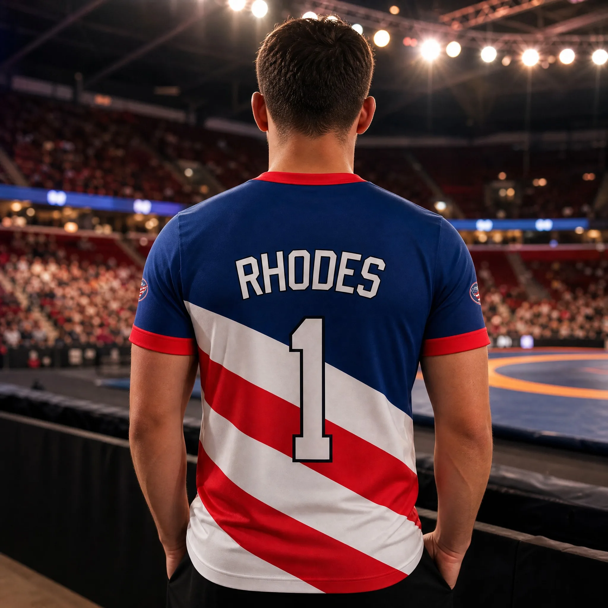 2026 Cody Rhodes Wrestling T-shirt Navy Red and White Slant Stripe Ring Round Neck Front Badge Back Digital Printed T-shirt