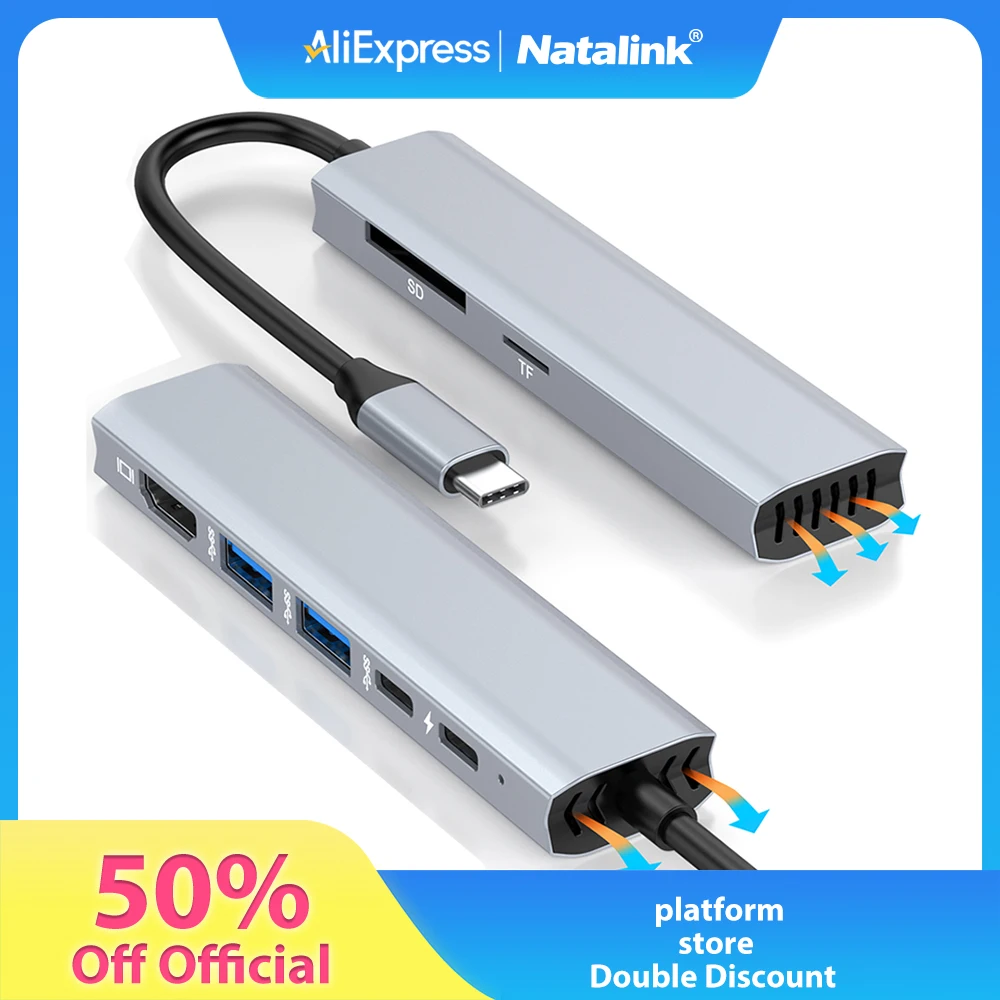 

Natalink 7-in-1 Type-C Hub-USB-C to HDMI (4K UHD) + 2x USB 3.0 + TF/SD Card Reader + Type-C + PD Charging for Laptops & Tablets