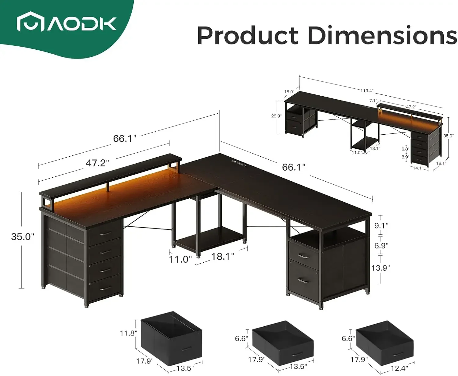 L Shaped Computer Desk, 113“ Reversible Home Office Desk with File Cabinet & 4 Fabric Drawers, Two Person Desk with LED Lights &