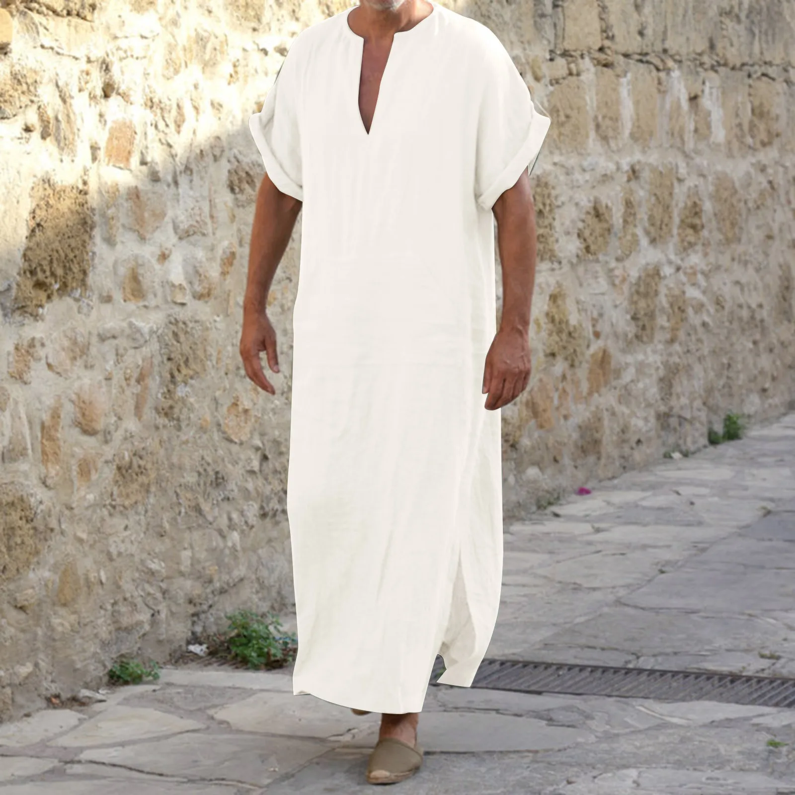 Bata de lino y algodón para hombre, Vintage Thobe caftán musulmán, túnicas árabes islámicas con cuello en V, manga corta, ropa de salón sólida, abaya de Arabia