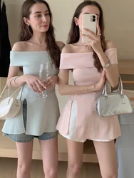 Knit Sexy Summer Off shoulder T shirt Women Youth Elegant Slim Basic Tunic Split Short sleeve Top Lady Casual A line Tees Korean